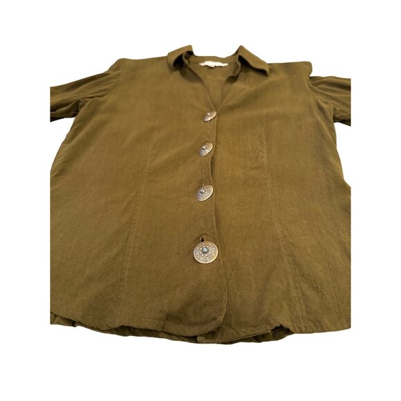 Vintage Western Olive Green Button-Up Shirt W/ Engraved Metal Buttons & Turquois - Picture 5 of 11